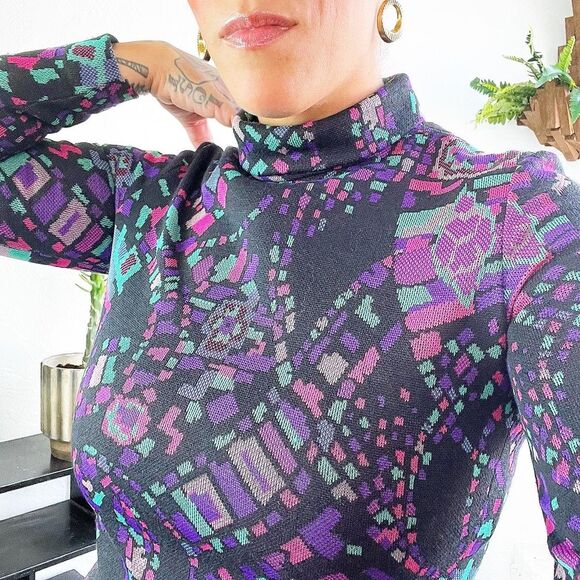 VIRGIN WOOL KNIT 60’s 60s Vintage 70’s 70s Kimberly Knit Geometric Black Dress M - Picture 5 of 11